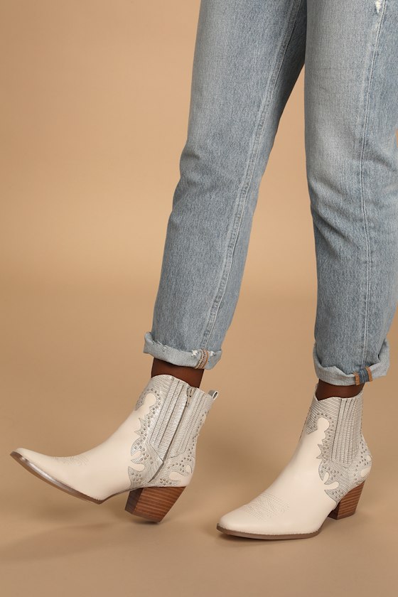 Eliza Off White Studded Ankle Boots 1