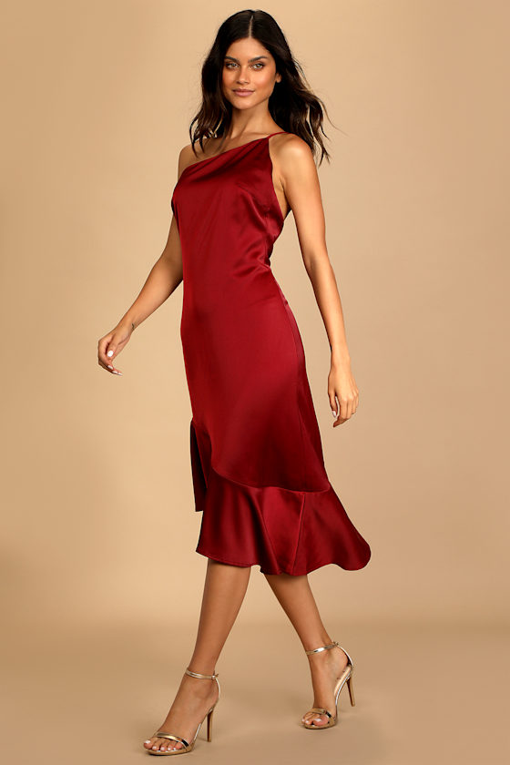 One Shoulder Stretch Satin Floor-Length Dress Burgundy