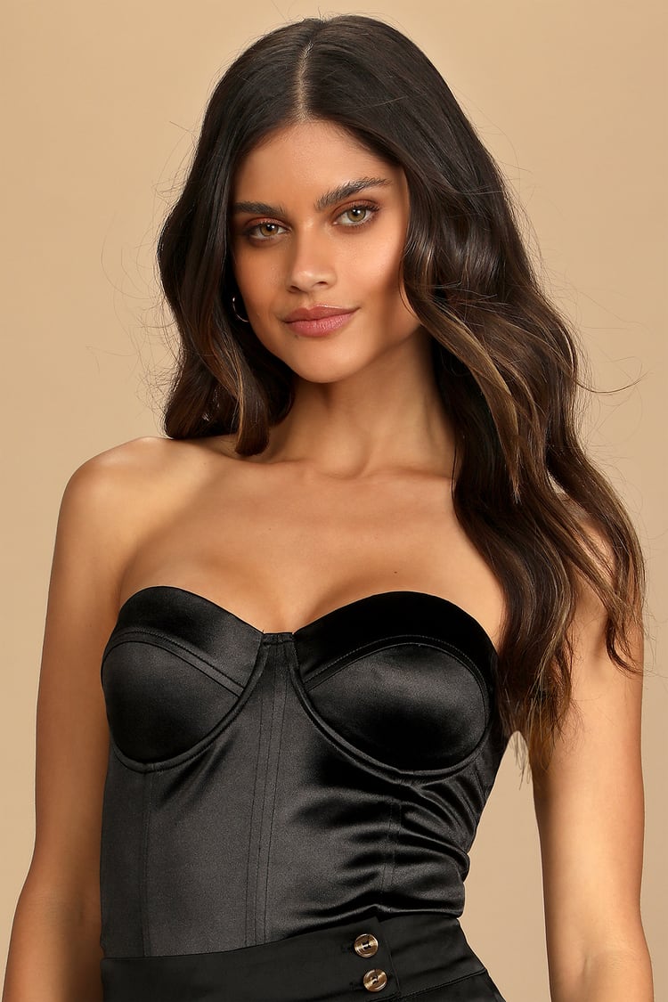 Endless Allure Black Satin Strapless Bustier Bodysuit