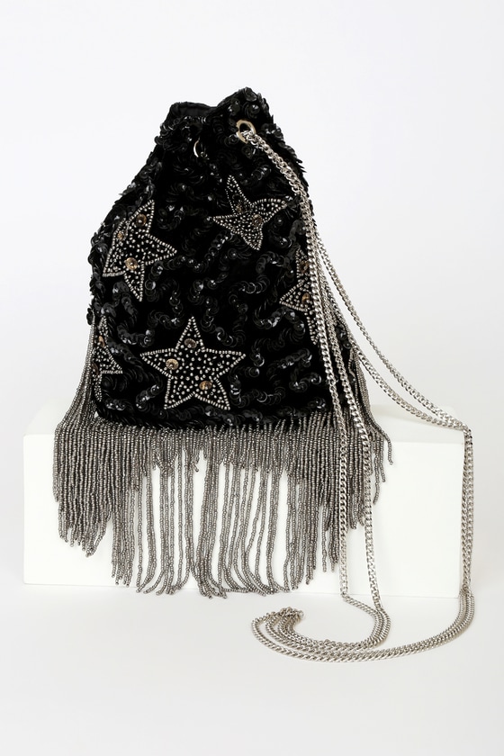 Lulus Super Stellar Black Velvet Beaded Sequin Bucket Bag
