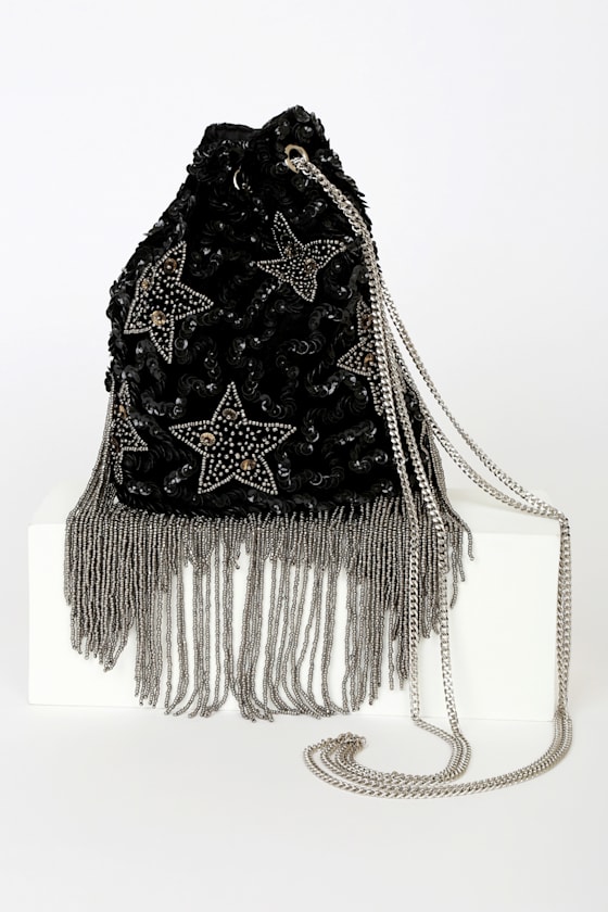 Super Stellar Black Velvet Beaded Sequin Bucket Bag 2