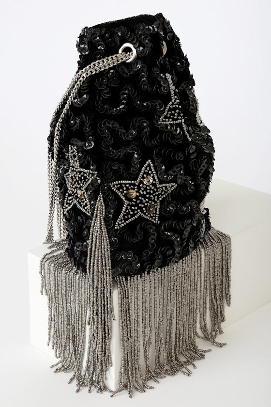 Super Stellar Black Velvet Beaded Sequin Bucket Bag 1
