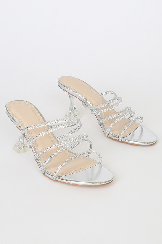 Rorie Silver Metallic Strappy Rhinestone High Heel Sandals 5