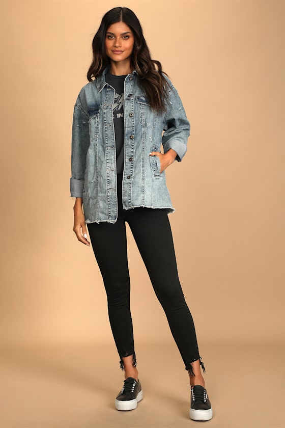 Keep the Vibe Casual Light Wash Distressed Denim Shacket 8