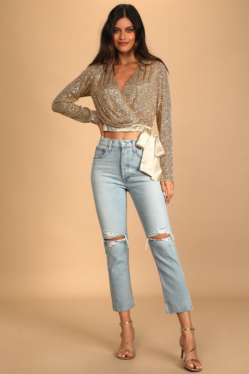 gold sequin crop top long sleeve