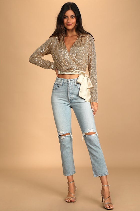 She's Got It All Gold Sequin Faux-Wrap Long Sleeve Crop Top 5