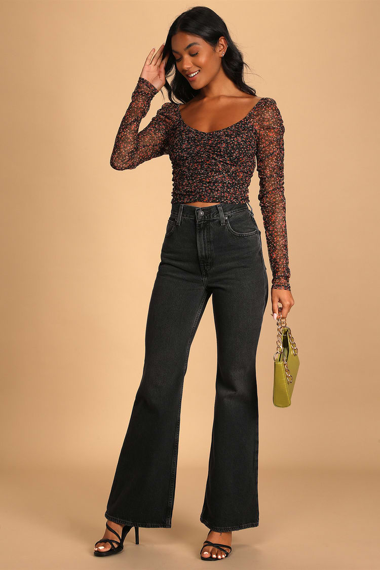 70s High Flare Washed Black High-Waisted Jeans