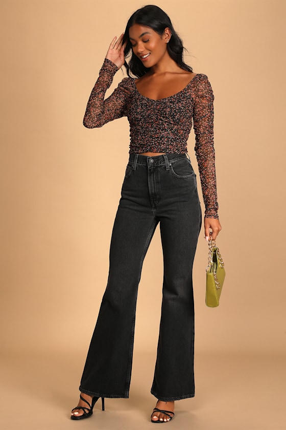 70s High Flare Washed Black High-Waisted Jeans 4