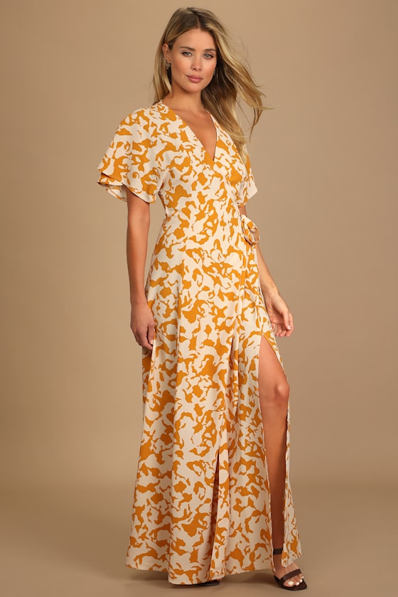 Creative Type Mustard Yellow Multi Print Wrap Maxi Dress 1