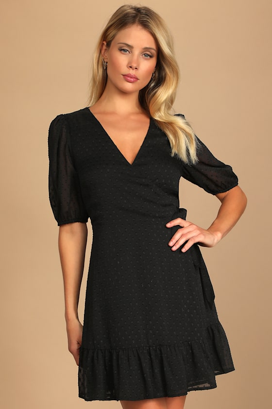 Sweetly Styled Black Swiss Dot Ruffled Puff Sleeve Wrap Dress 4