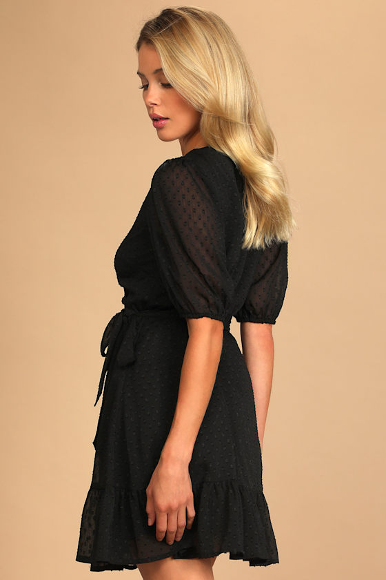 Sweetly Styled Black Swiss Dot Ruffled Puff Sleeve Wrap Dress 2