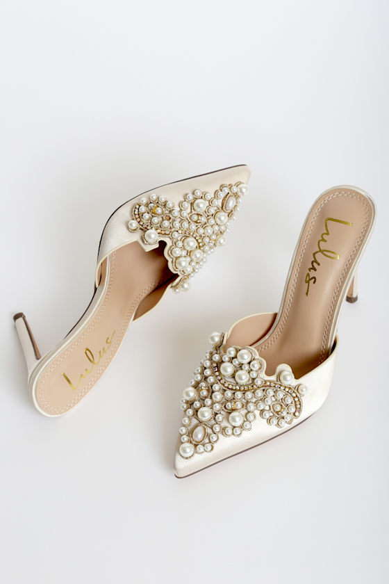 Florine Ivory Satin Pearl Pointed-Toe Mule Pumps 3