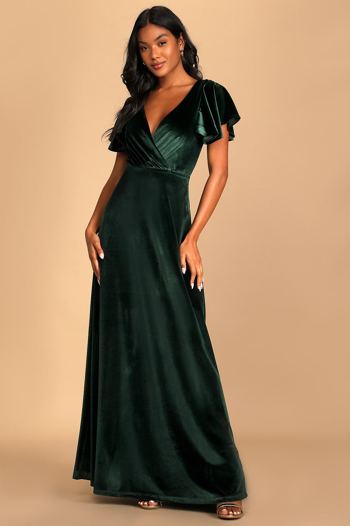Absolutely Amazed Emerald Green Velvet Flutter Sleeve Maxi Dress
