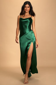 Caroline Emerald Green Satin Cowl Neck Maxi Dress