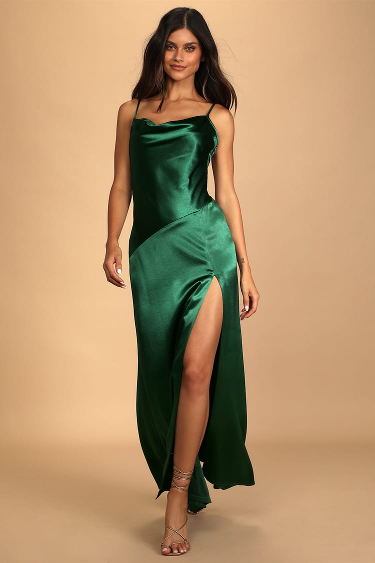 Emerald Green Maxi Dress - Cowl Neck Dress - Satin Maxi Dress - Lulus