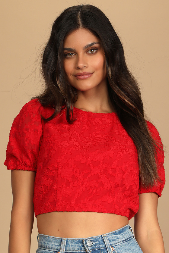 Red Crop Top - Floral Jacquard Top - Tie-Back Top - Blouse Red Crop Top - Floral Jacquard Top - Tie-Back Top - Blouse