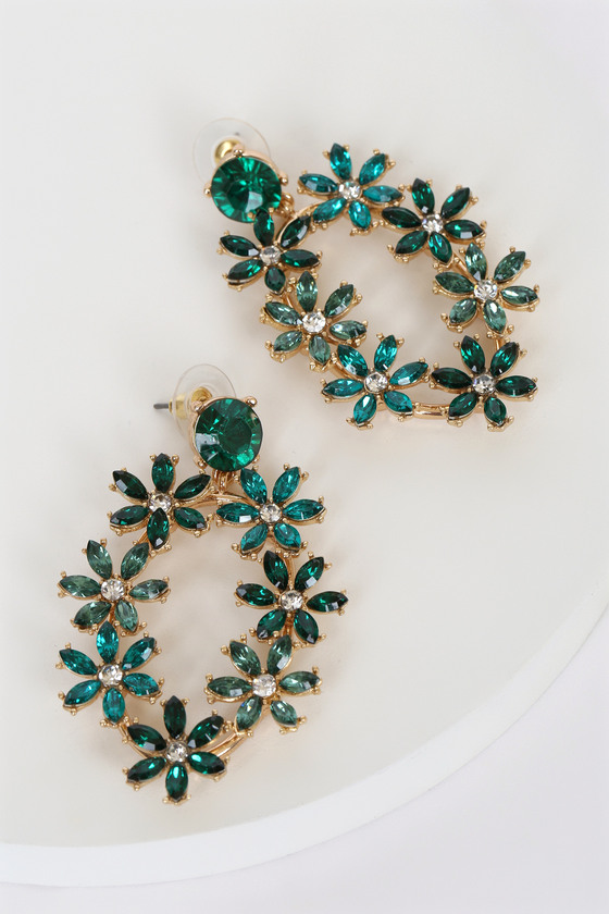 Rhinestone Flower Earrings - Green Earrings - Rhinestone Earrings - Lulus