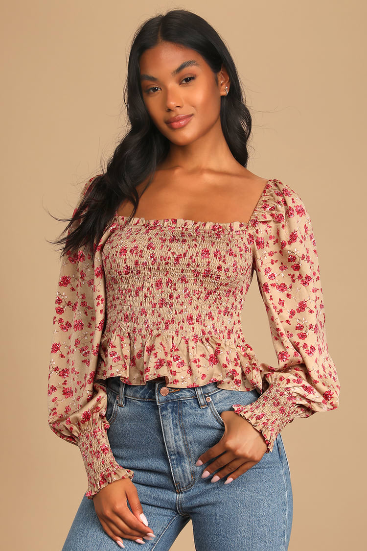 Taupe Floral Top - Satin Floral Top - Smocked Long Sleeve Top - Lulus