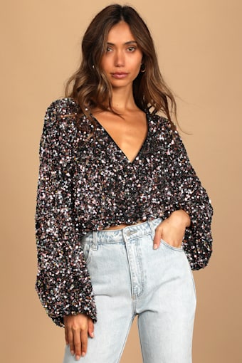 Keep Dazzling Pink Multi Sequin Long Sleeve Crop Top 3