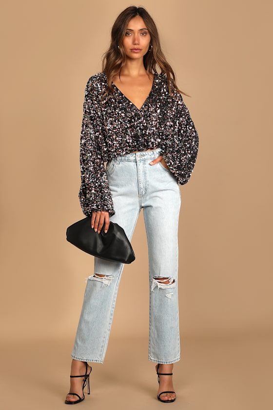 Keep Dazzling Pink Multi Sequin Long Sleeve Crop Top - thumbnail 3
