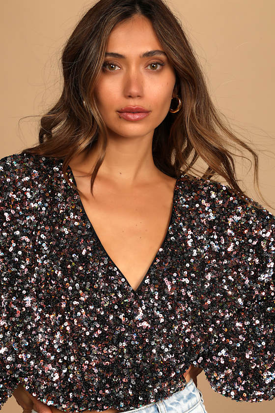 Pink Multi Sequin Long Sleeve Crop Top | Womens | Small (Available in XS) | 100% Polyester | Lulus Exclusive