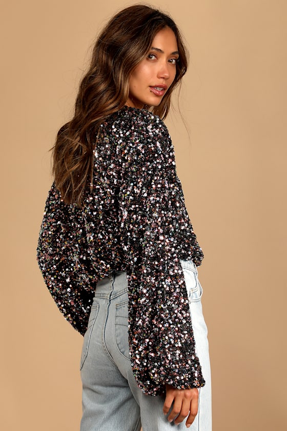 Keep Dazzling Pink Multi Sequin Long Sleeve Crop Top - thumbnail 4