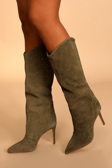 Schutz Maryana Aspen Green Suede Leather Studded Knee-High Boots