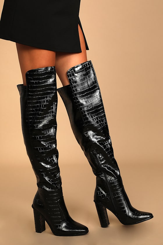 Rowee Black Crocodile-Embossed Over the Knee Boots 1