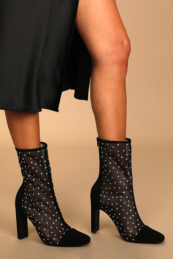 Samella Black Suede Rhinestone Mesh Mid-Calf Boots 1