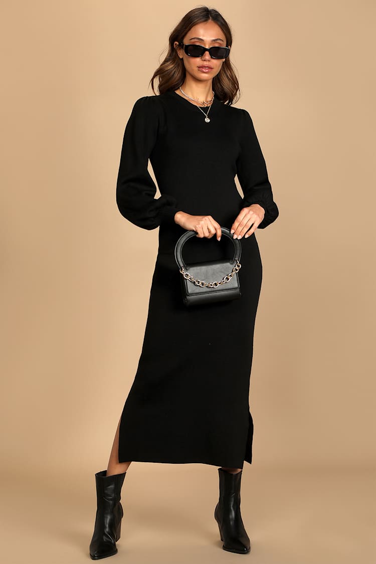 Black Midi Dress - Sweater Dress - Balloon Sleeve Dress - Lulus