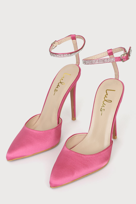 Pink Satin Pumps - Rhinestone Heels - Ankle Strap Heels - Lulus