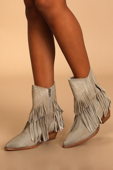 Free People Lawless Bone Suede Leather Fringe Western Boots