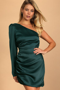 Happy Hour Chic Emerald Satin Ruched One-Shoulder Mini Dress