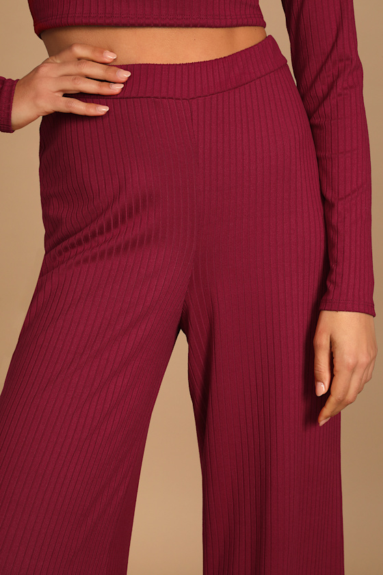 Let's Unwind Burgundy Ribbed Wide-Leg Pants 2