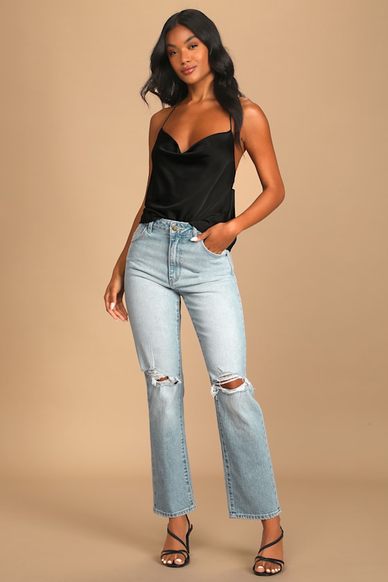 Original Straight Faded Light Wash Distressed High Rise Jeans 11