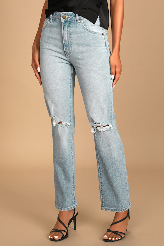 Original Straight Faded Light Wash Distressed High Rise Jeans 10