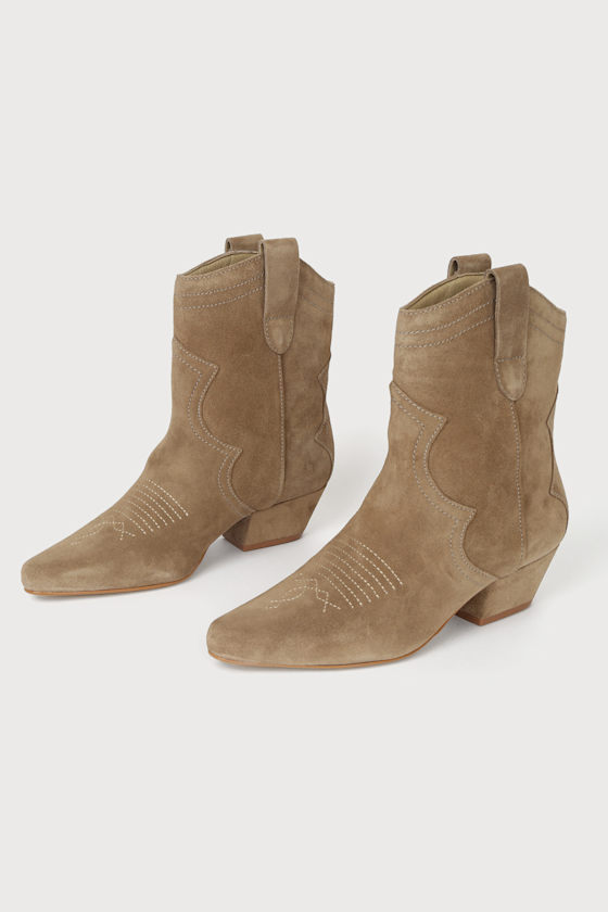 Arlo Taupe Suede Leather Pointed-Toe Western Booties 4