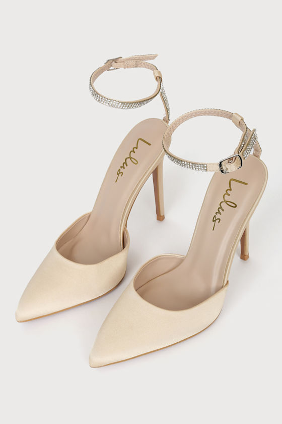 Luciee Champagne Satin Rhinestone Ankle Strap Heels 2
