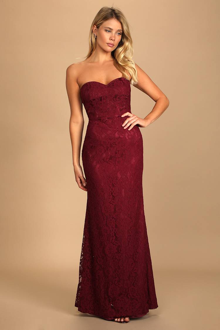 Wow the Crowd Burgundy Lace Strapless Mermaid Maxi Dress Wow the Crowd Burgundy Lace Strapless Mermaid Maxi Dress