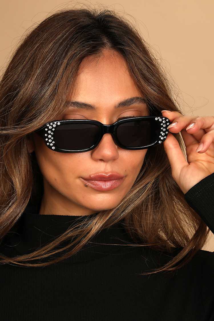 Large Black Rhinestone Sunglasses Rectangle Frame - Large BRAND NEW Dark Tint Womens Luxury Large Gem Rhinestone Jewel Narrow Rectangular  main image 4
