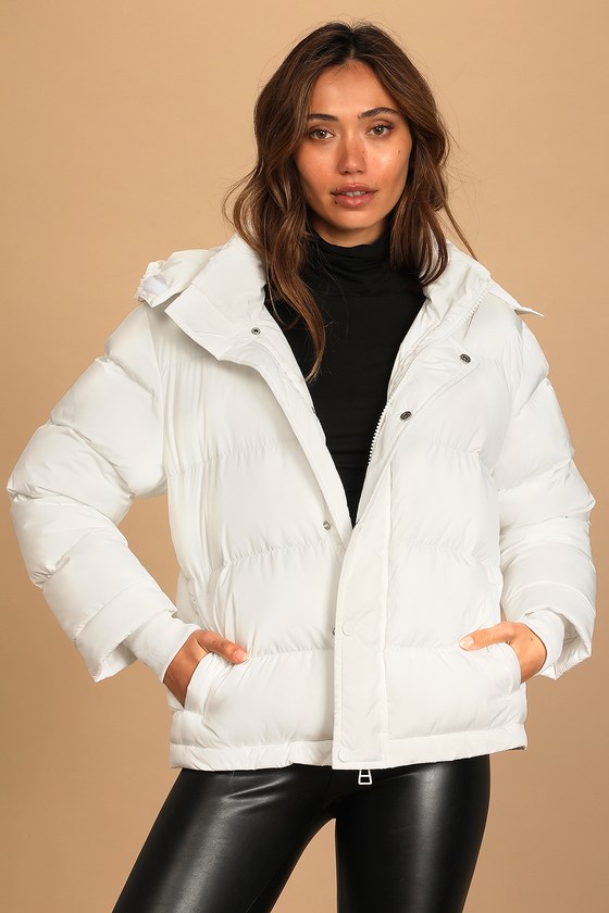 White Puffer Jacket - Hood Puffer Jacket - Removable Hood Jacket