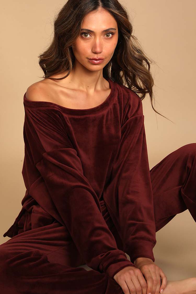 Burgundy Sweatshirt - Velour Sweatshirt - Lounge Sweatshirt - Lulus