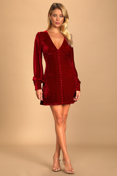 Make it Merry Wine Red Velvet Long Sleeve Button-Up Mini Dress - Main Image