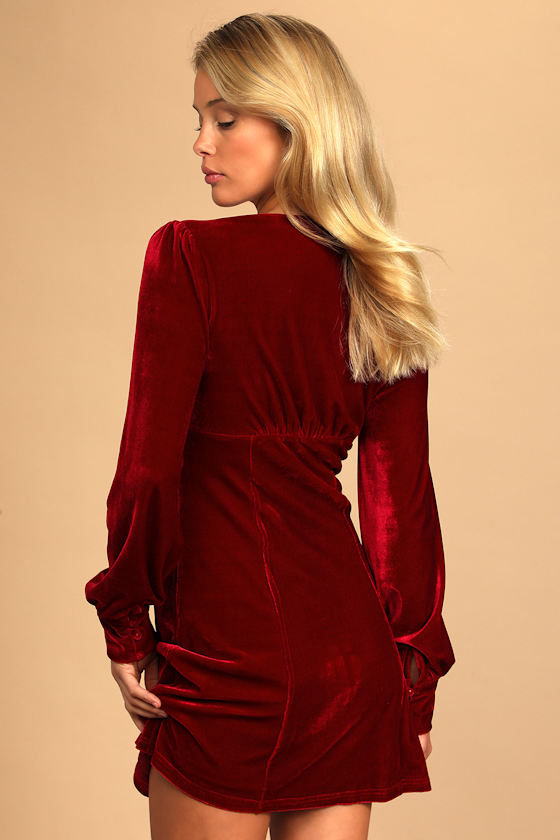 Red Velvet Dress - Long Sleeve Velvet Dress - Wine Red Mini Dress - Image 4