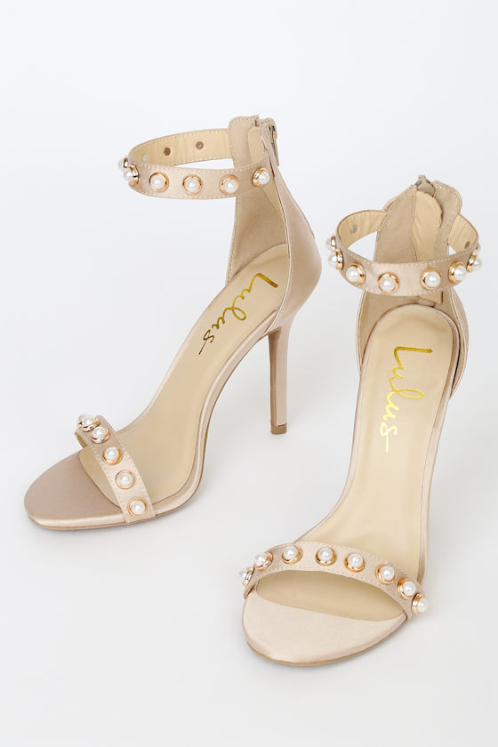 Daveigh Champagne Satin Pearl Ankle Strap High Heel Sandals 2