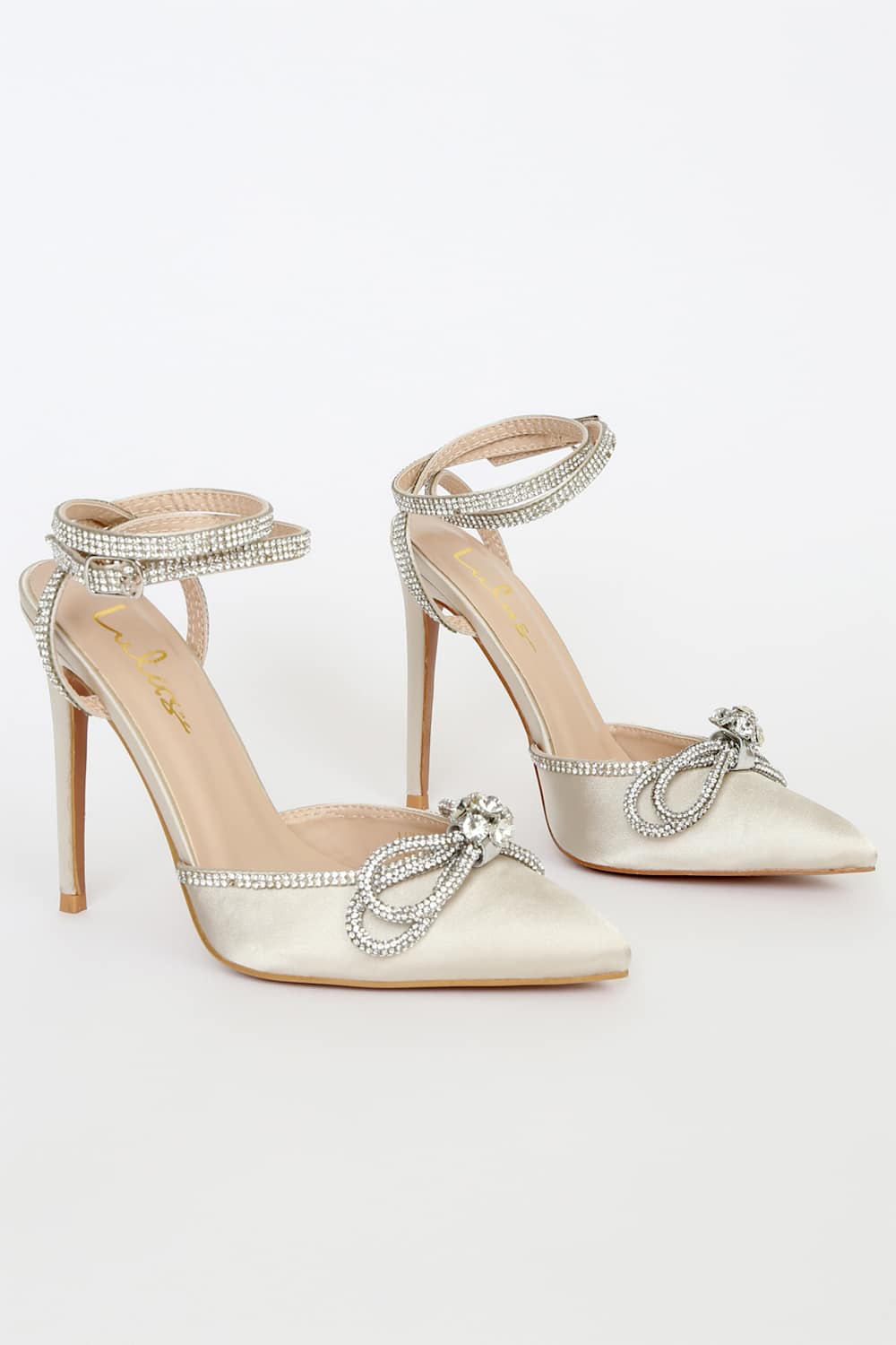 Lullie Ivory Satin Rhinestone Ankle Strap Pointed-Toe Pumps