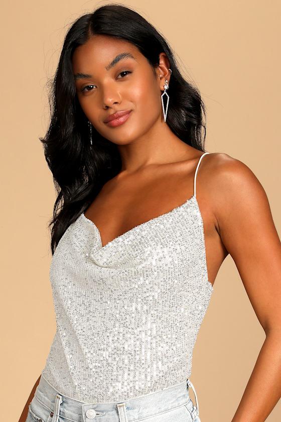 Sequin Cowl Neck Chain Detail Sculpting Bodysuit