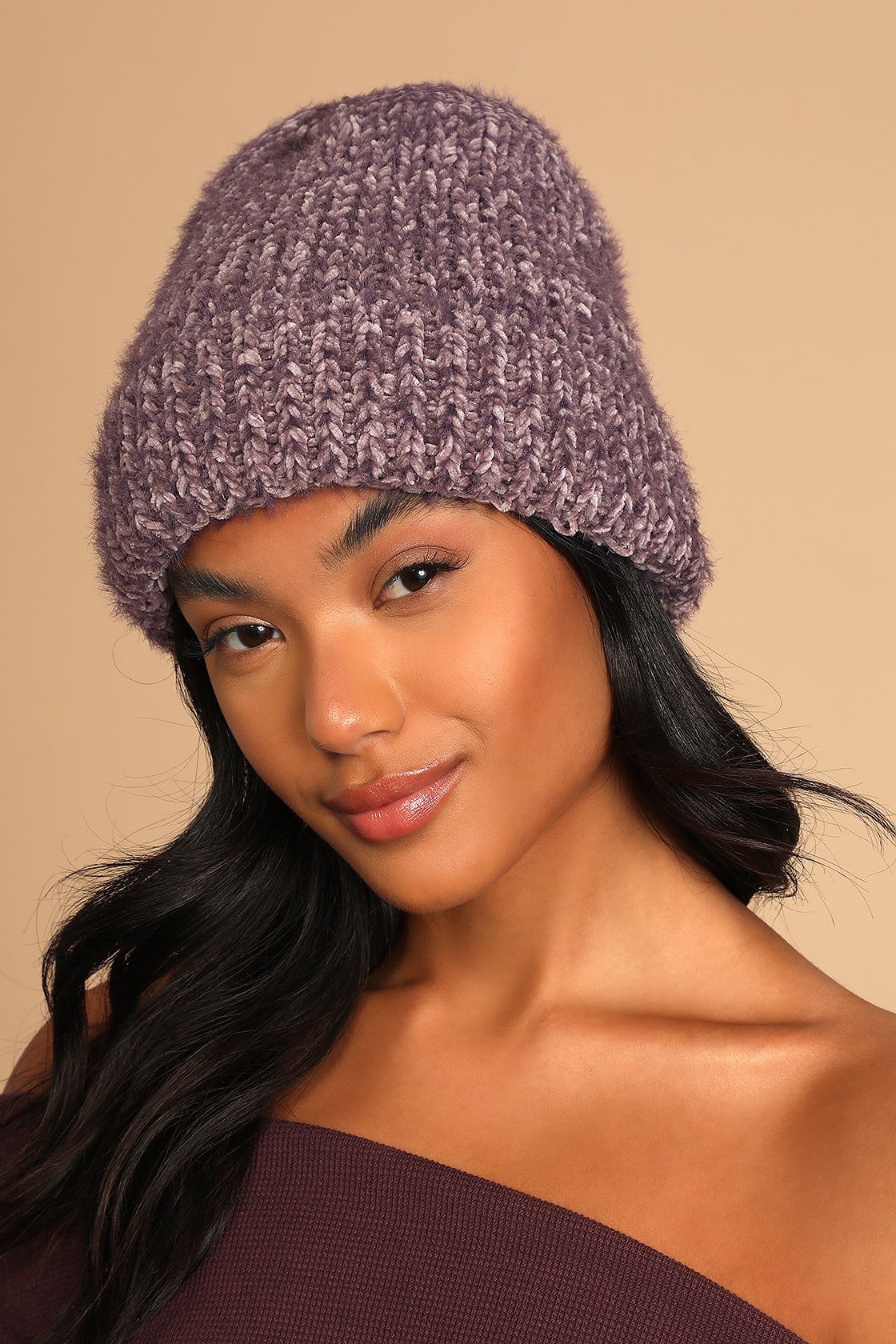 Just This Time Purple Ribbed Fuzzy Knit Beanie