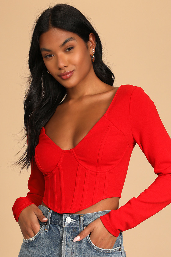 Red Bustier Top - Long Sleeve Crop Top - Corset Top - Women's Top - Lulus