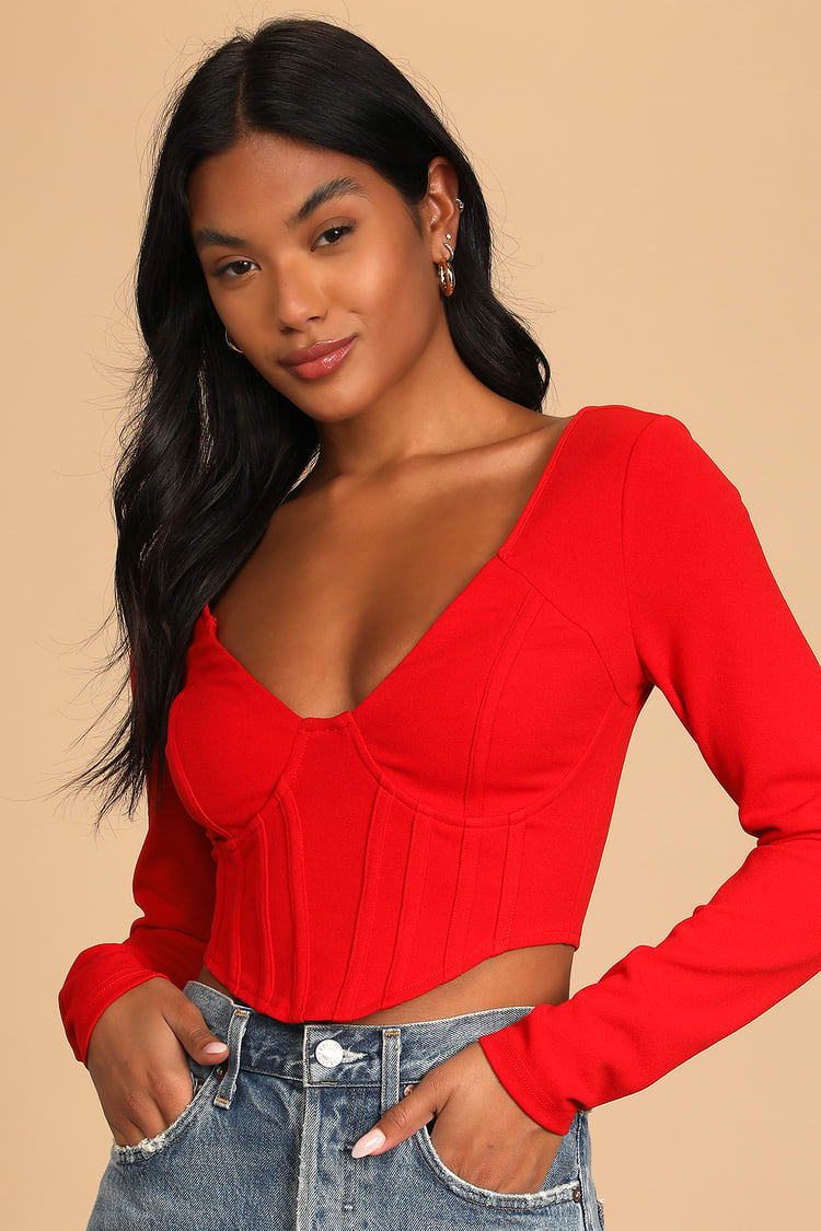 Got You Impressed Red Long Sleeve Bustier Crop Top